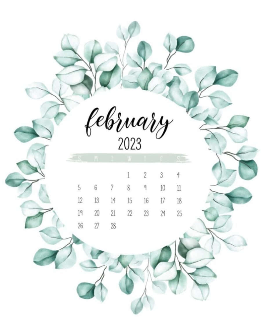 2023年2月月曆，周圍環繞著水彩風格的綠色尤加利葉。 — 二月 GIF 壁紙