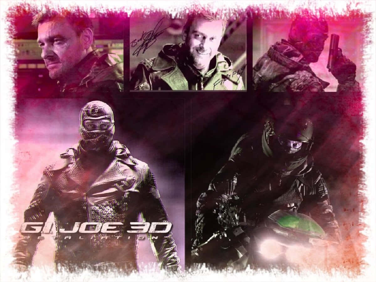 Ray Stevenson 桌布 壁紙 — 一幅G.I. Joe角色身穿戰術裝備、帶有粉紅和黑色燈光及電影標題疊加的拼貼畫。