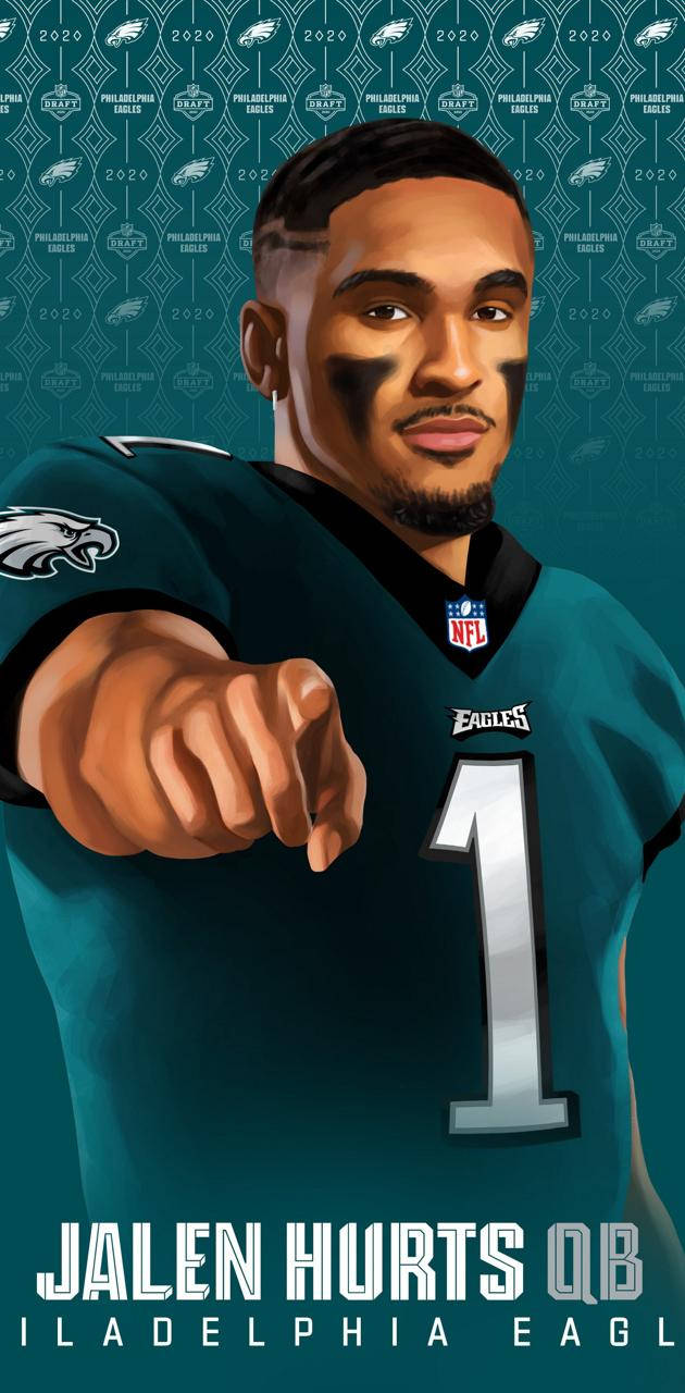 Jalen Hurts Eagles 桌布 壁紙 — 一幅Jalen Hurts身穿費城老鷹隊球衣、表情堅定地指向前方的數位插圖。
