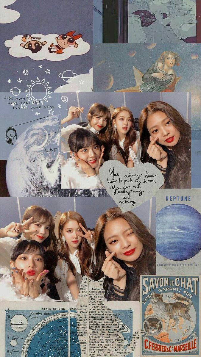BLACKPINK 桌布 壁紙 — 一幅K-pop偶像的拼貼畫，包含宇宙和復古元素，如行星和古老的天文學海報。