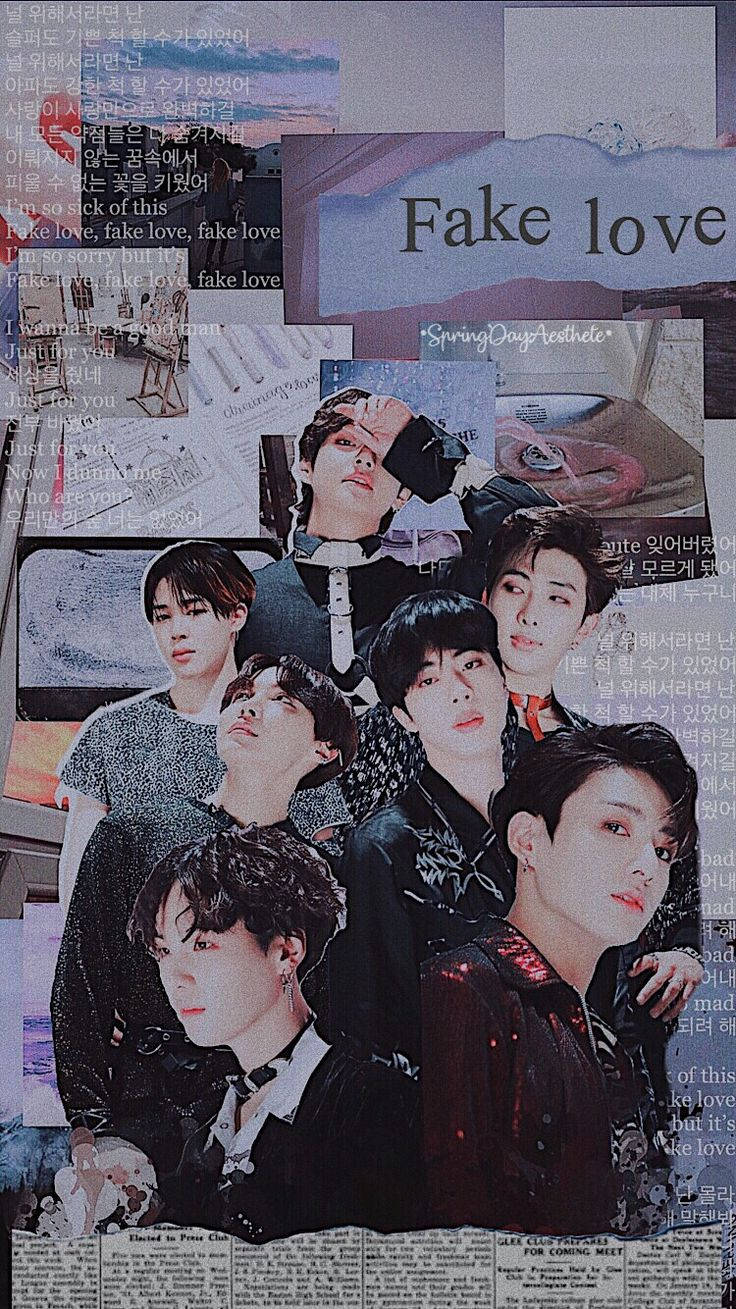 BTS 美學 桌布 壁紙 — 一幅K-pop偶像的拼貼畫，帶有重疊的文字和報紙剪報，呈現陰鬱的美學風格。