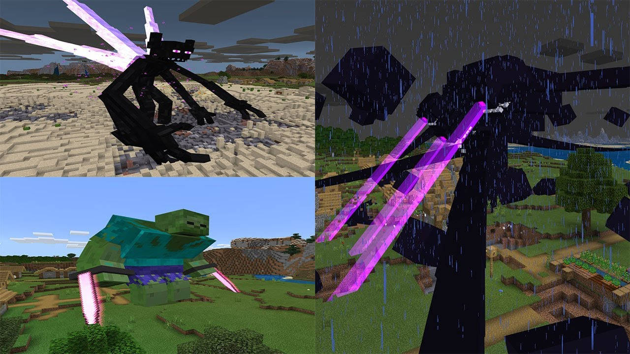 Wither 桌布 壁紙 — 一幅Minecraft拼貼畫， featuring 一隻黑色蜘蛛帶有發光紫色腿，一隻綠色烏龜帶有發光粉紅色腿，以及一個黑暗人物在雨天生物群系中揮舞發光紫色劍。
