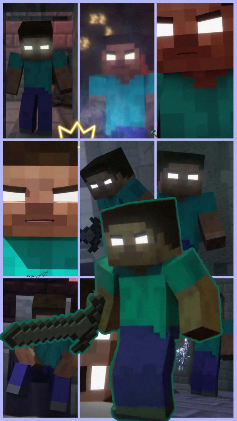 Minecraft Characters 桌布 壁紙 — 一幅Minecraft角色拼貼畫，角色擁有發光的眼睛和像素化的方塊紋理，呈現各種姿勢和表情。