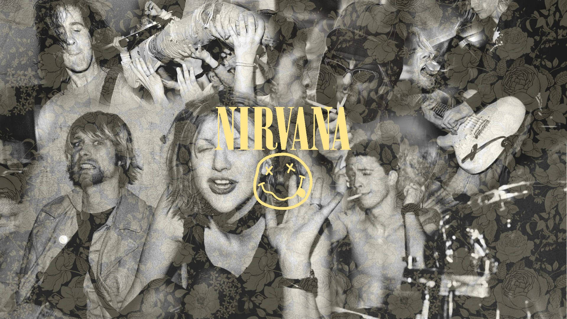 nirvana 4K 桌布 壁紙 — 一幅Nirvana樂團成員和粉絲的拼貼畫，上面覆蓋著花卉圖案和黃色的樂團標誌。