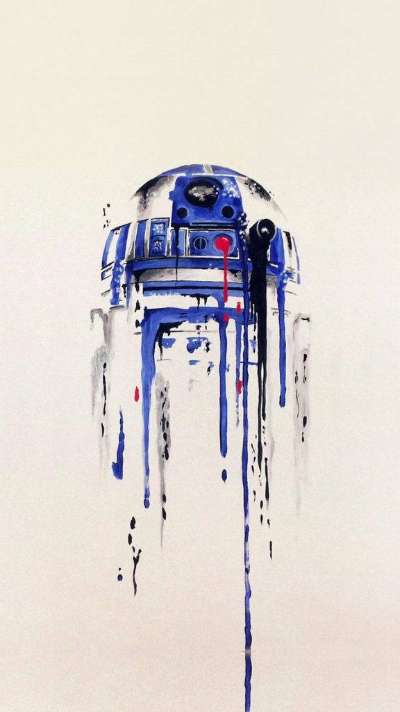 star wars iPhone 6 plus 桌布 壁紙 — 一幅R2-D2的水彩畫，藍色和紅色的顏料沿著它的身體滴落，背景蒼白。