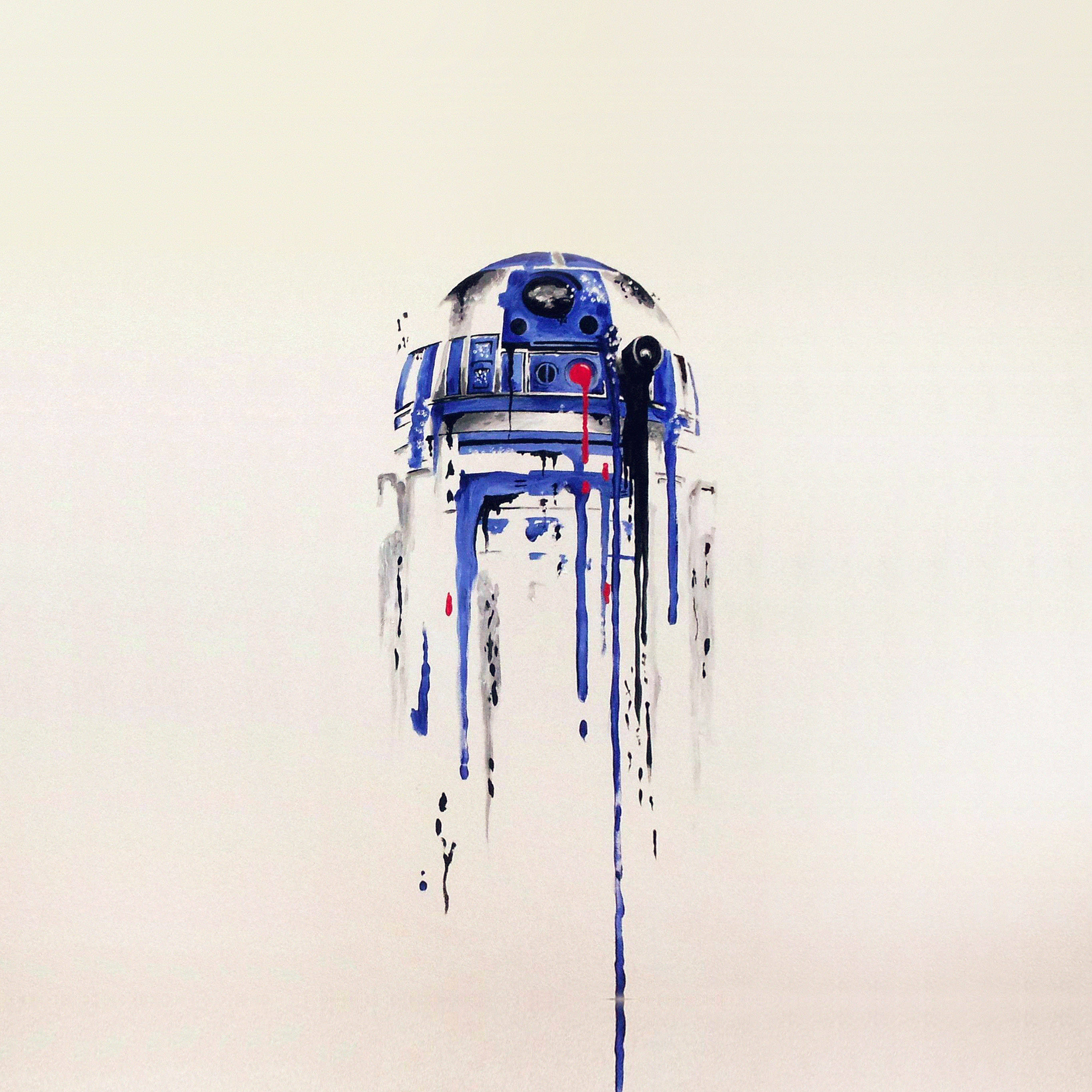 Star Wars iPad 桌布 壁紙 — 一幅R2-D2的水彩畫，藍色和黑色顏料沿著它的身體滴落，背景蒼白。