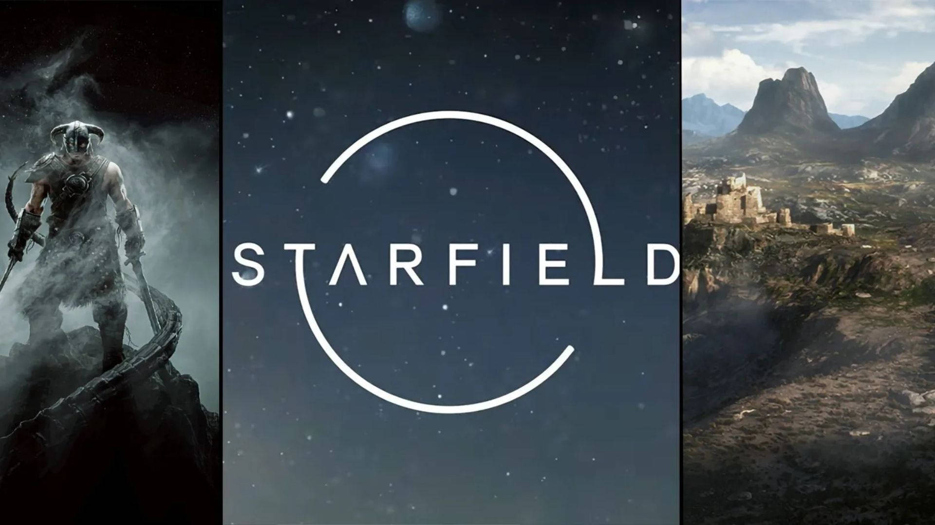 星空 桌布 壁紙 — 一幅Starfield宣傳藝術的三聯畫，展示太空探險家、宇宙標誌和山頂堡壘。