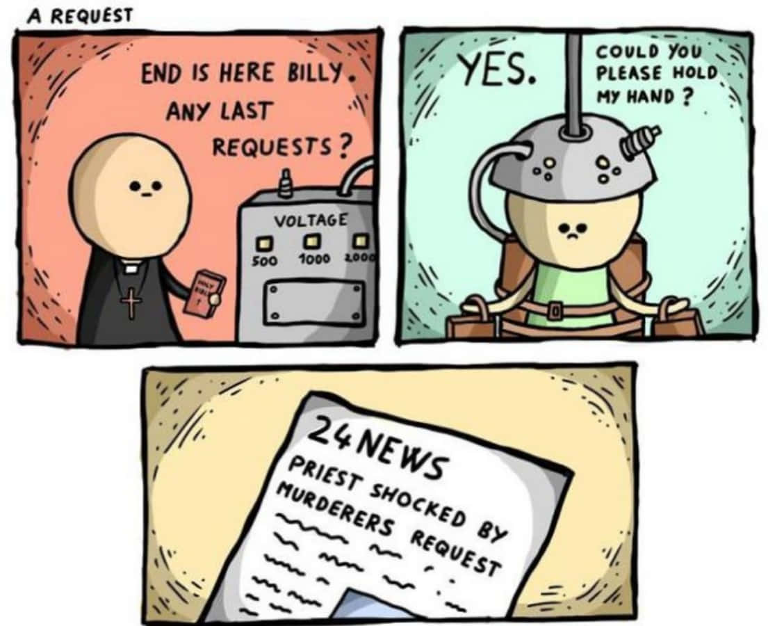 Dark Humor 桌布 壁紙 — 一幅三格漫畫顯示一位神父向臨終男子詢問最後願望，而報紙頭條報導了這個令人震驚的請求。