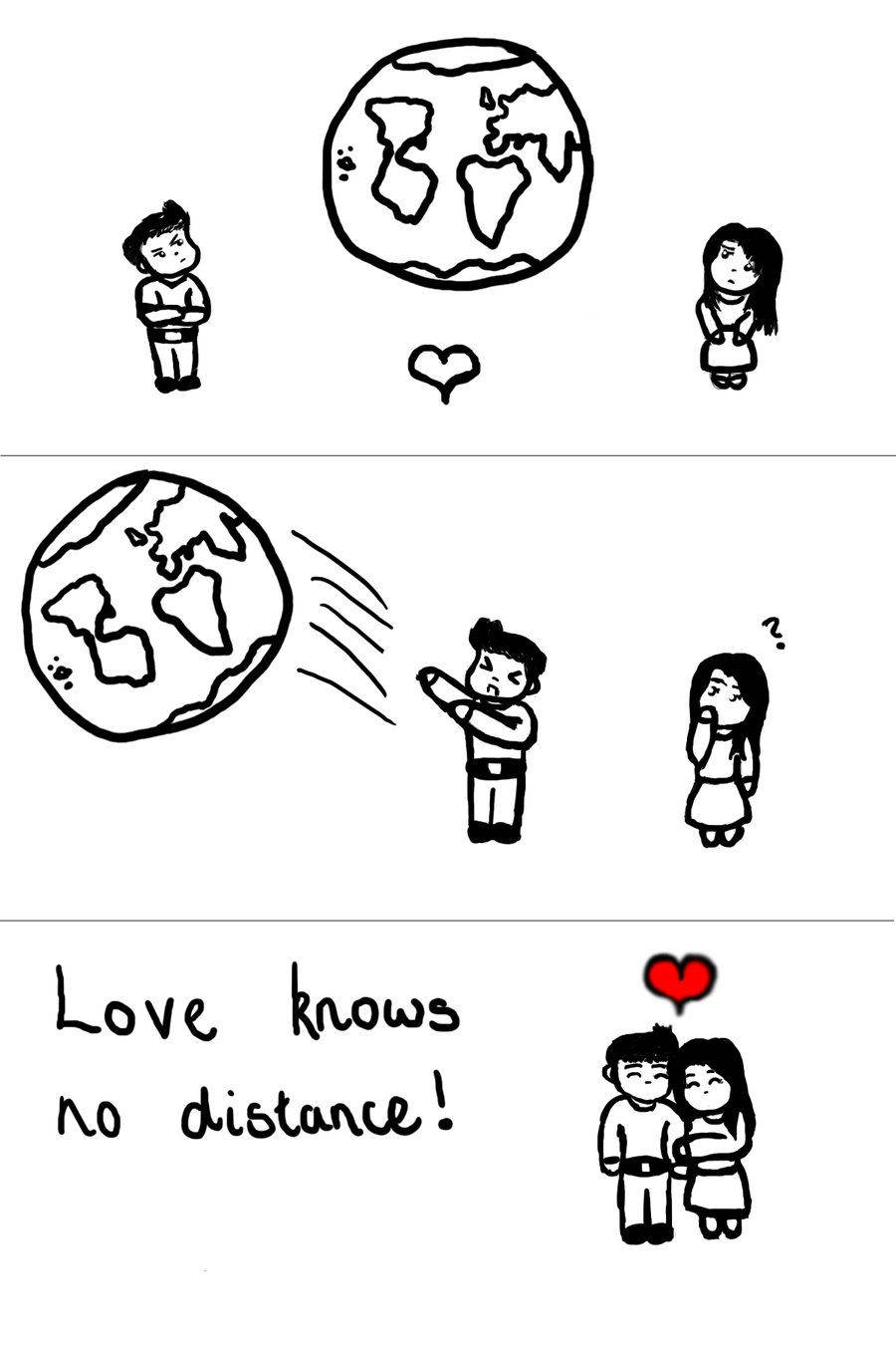 Relationship 桌布 壁紙 — 一幅三格漫畫顯示一對情侶被地球分隔，然後重聚，上方有一個紅色愛心，標題為「愛無距離！」