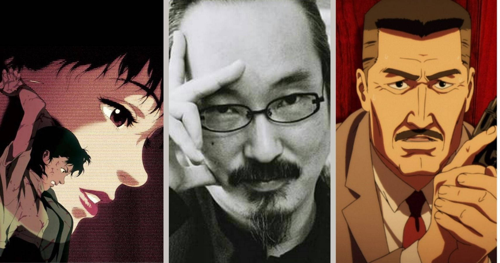 satoshi kon 桌布 壁紙 — 一幅三聯畫， featuring 動漫風格女性角色、戴眼鏡男士的黑白肖像，以及一個嚴肅的動漫男子持槍。