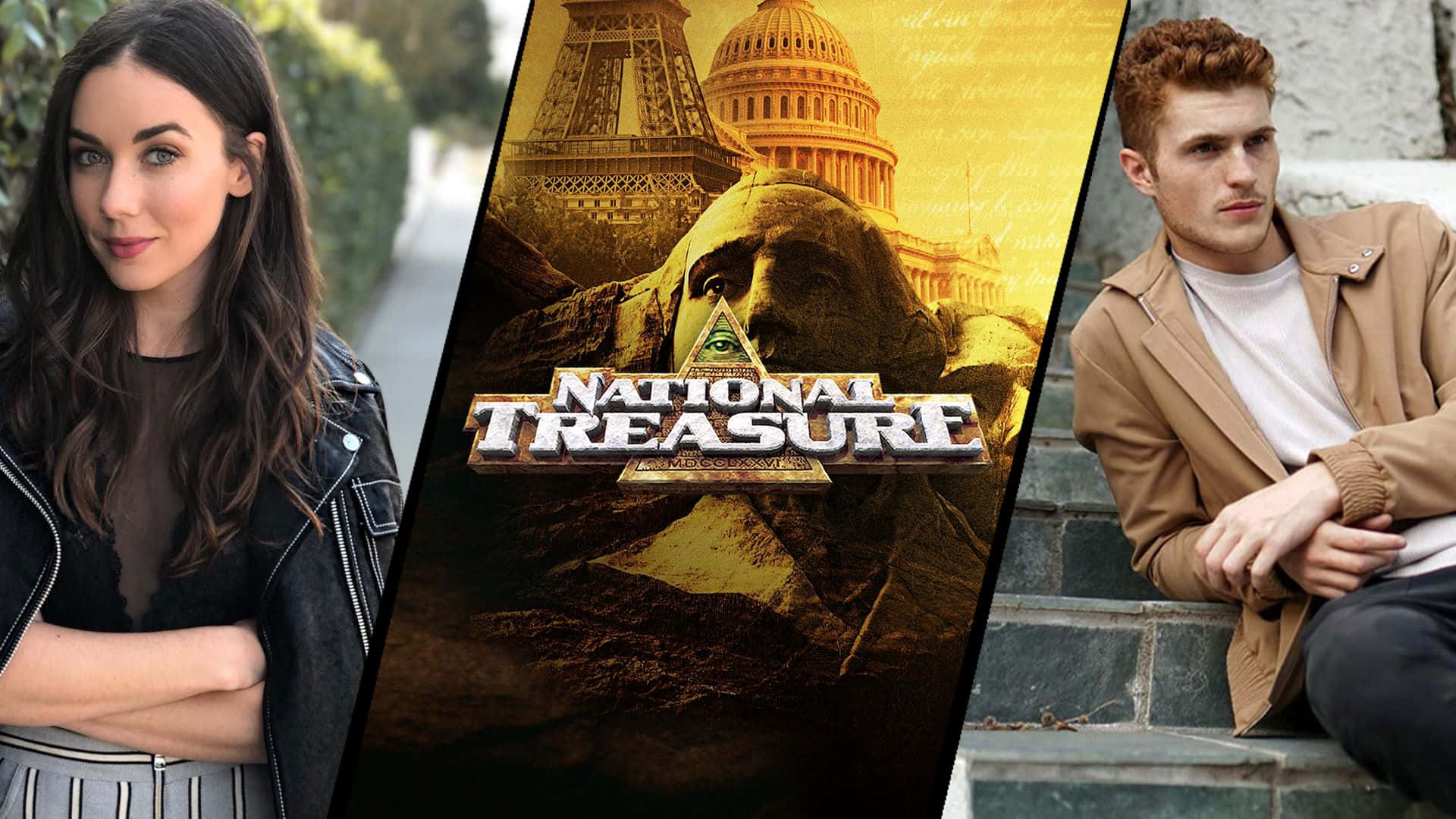 National Treasure 桌布 壁紙 — 一幅三聯畫， featuring 一位穿著皮夾克的女性、帶有全視之眼的《國家寶藏》電影海報，以及一位穿著淺褐色外套的男性。
