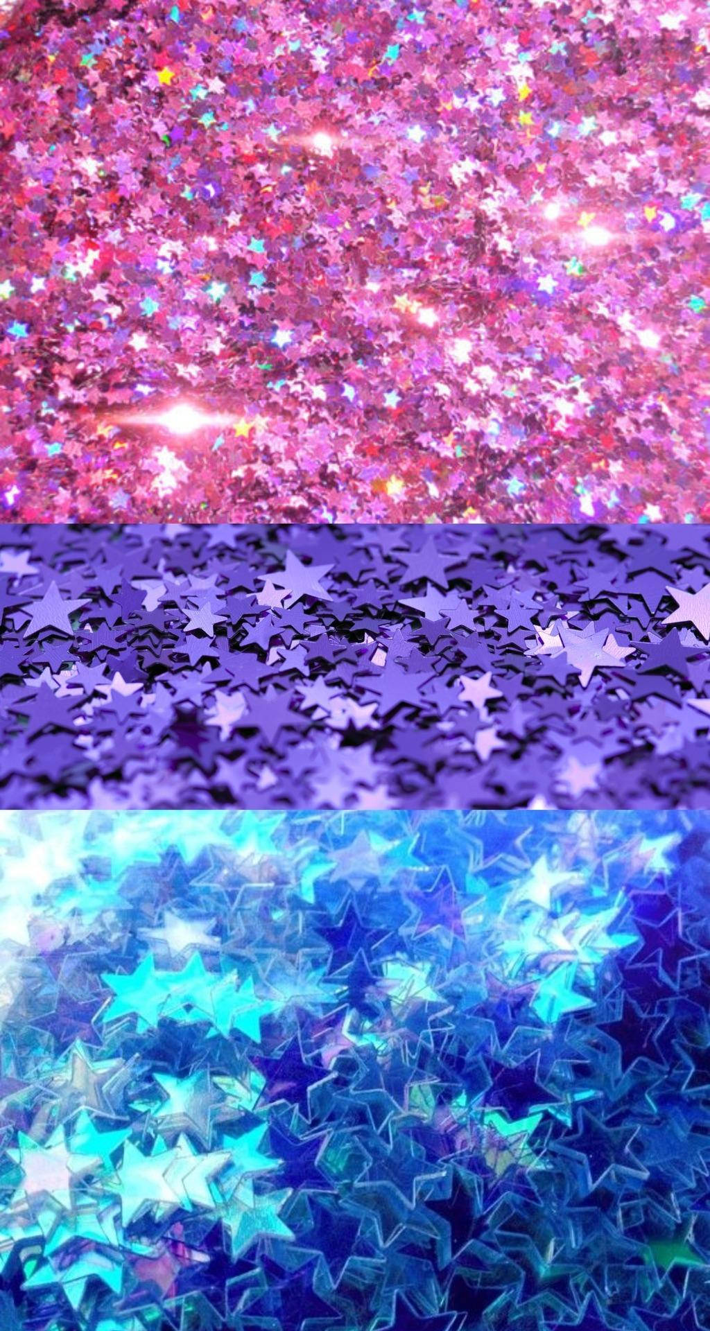 Bisexual Aesthetic 桌布 壁紙 — 一幅三聯畫，呈現粉紅、紫色和藍色色調中閃閃發光的星形五彩紙屑，帶有閃亮的高光。