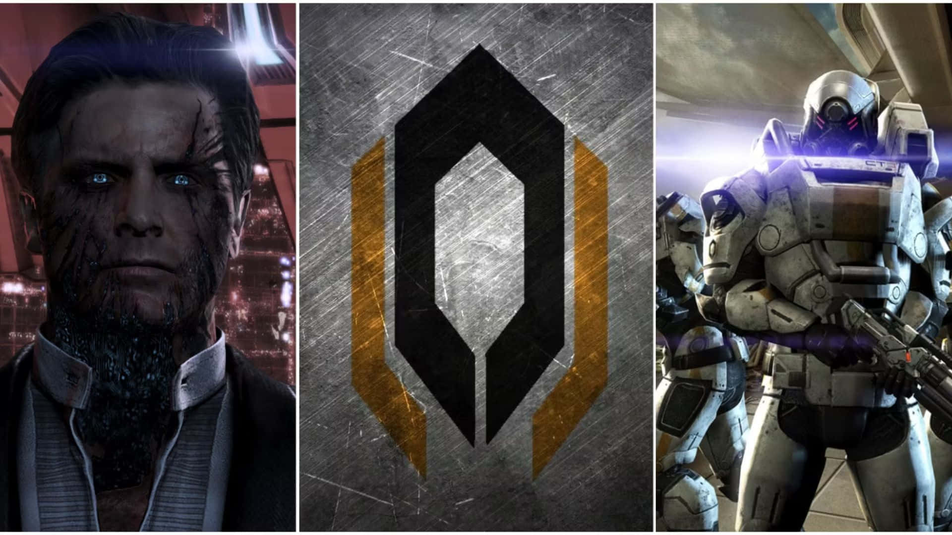 Mass Effect Cerberus 桌布 壁紙 — 一幅三聯畫，展示一個帶有疤痕、眼睛發光的男人、一個金屬標誌和一個手持武器的重裝甲士兵。