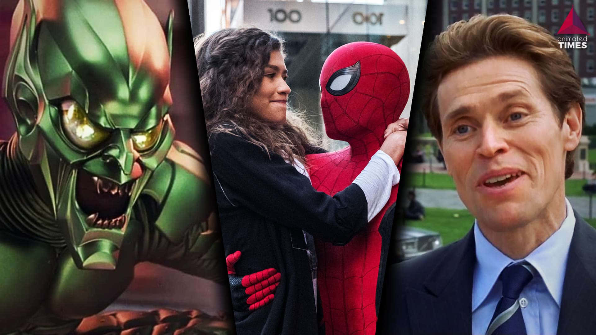 Norman Osborn 桌布 壁紙 — 一幅三聯畫，描繪一個兇惡的綠色反派、一個擁抱蜘蛛人戰衣的女人，以及一個穿著西裝說話的男人。
