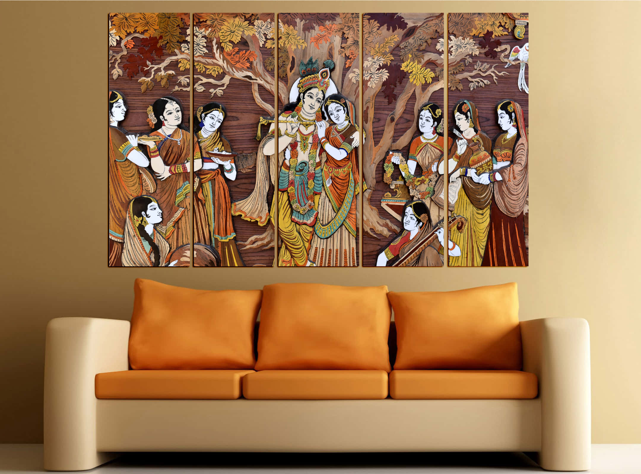 Wall Painting 桌布 壁紙 — 一幅五聯畫插圖藝術品，描繪神話人物，採用溫暖大地色調，懸掛在現代米色沙發上方，配以橙色靠墊。