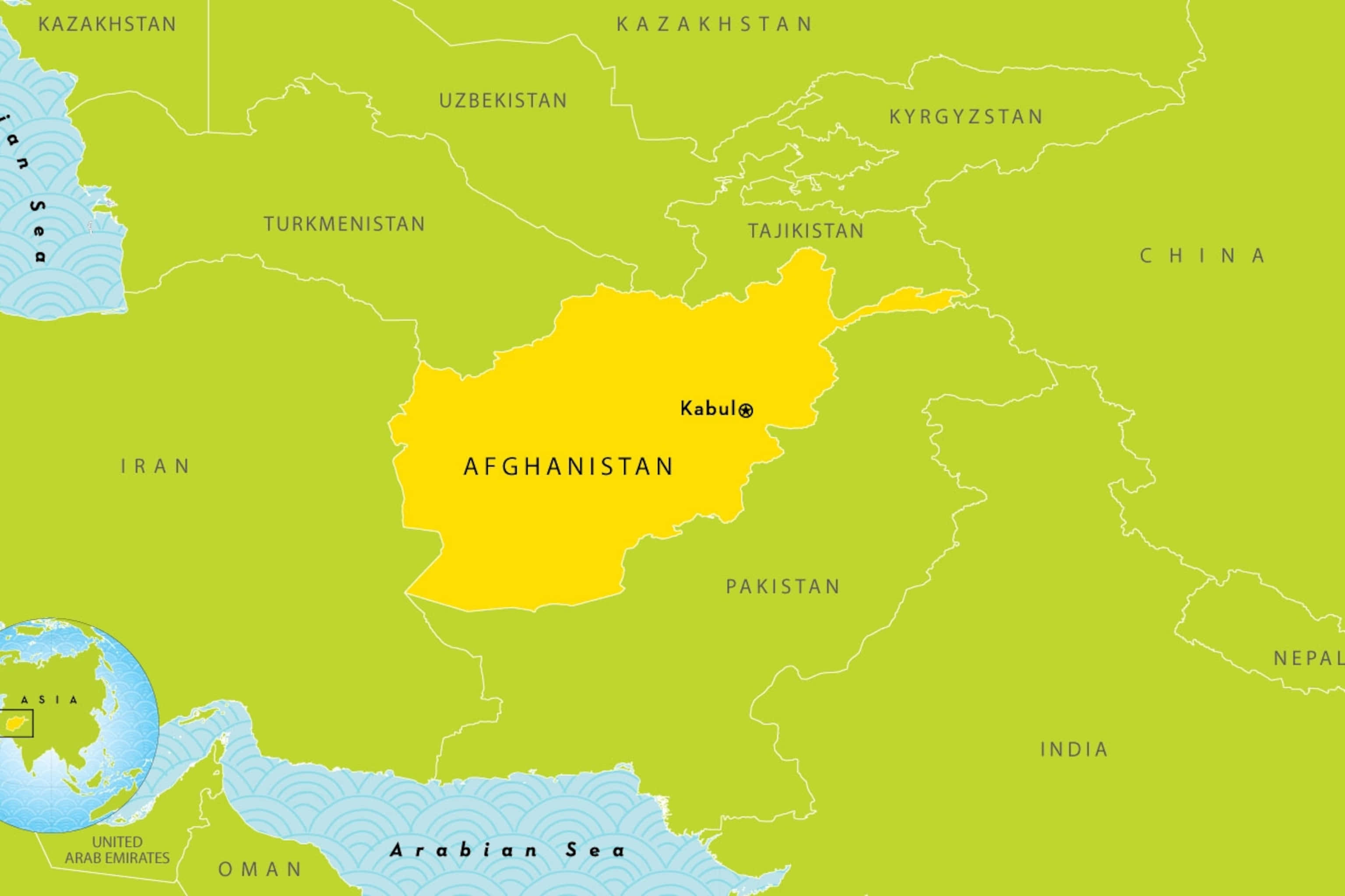Afghanistan 桌布 壁紙 — 一幅亮綠色政治地圖，以黃色突出顯示阿富汗，標示喀布爾並顯示周邊國家。