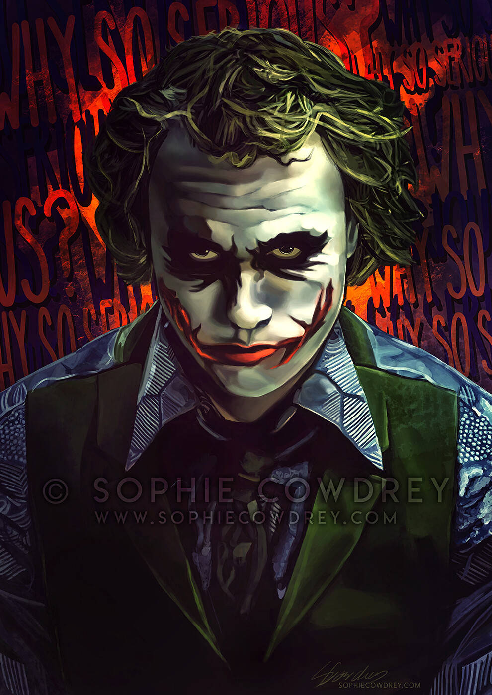 Why So Serious Joker 桌布 壁紙 — 一幅令人不安的小丑肖像，臉上塗抹著白色顏料和紅色嘴唇，背景是混亂的紅色和黑色。