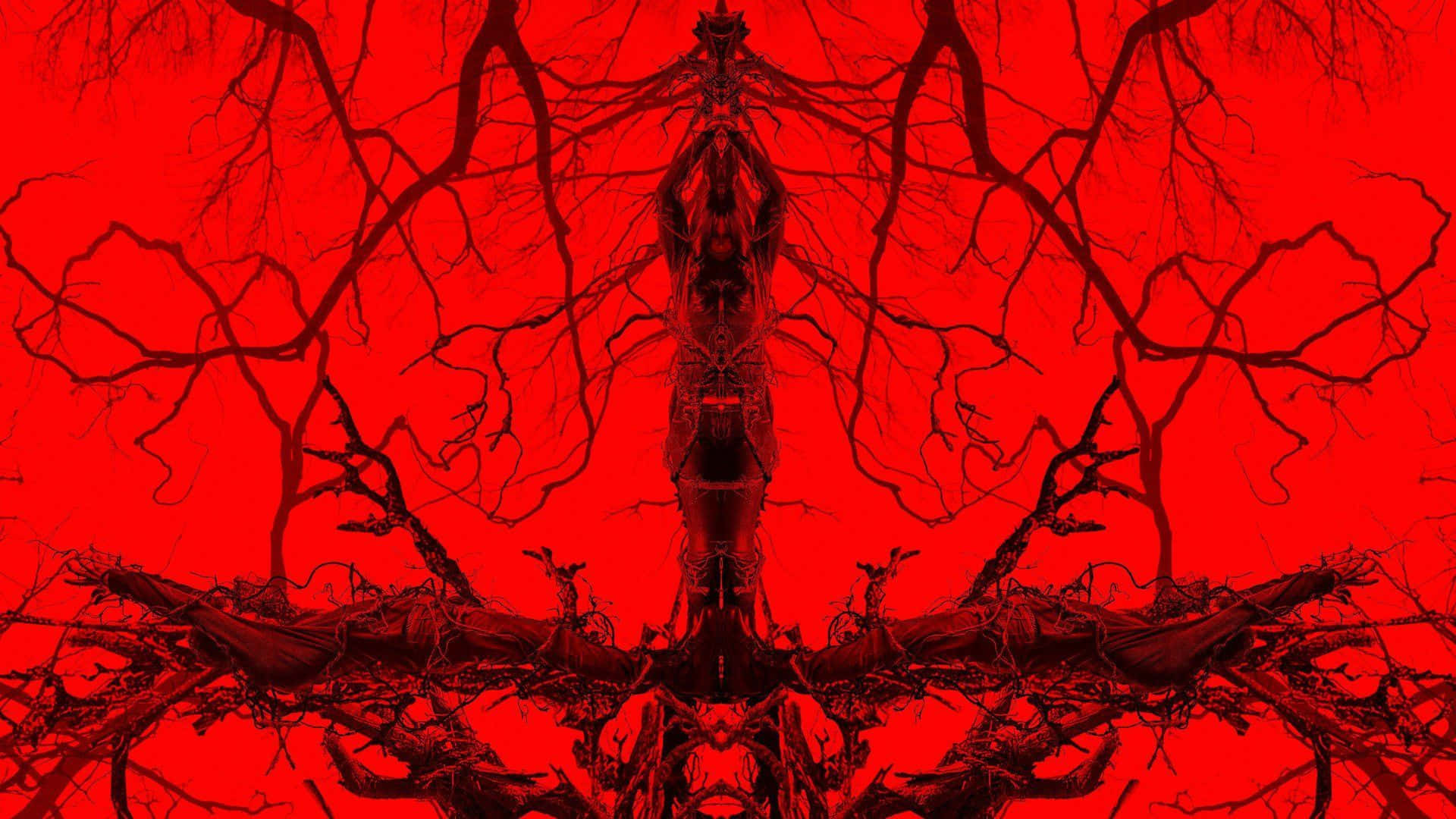 Witch Aesthetic 桌布 壁紙 — 一幅令人毛骨悚然的對稱數位藝術作品，扭曲的樹枝在血紅色背景上形成惡魔般的面孔。