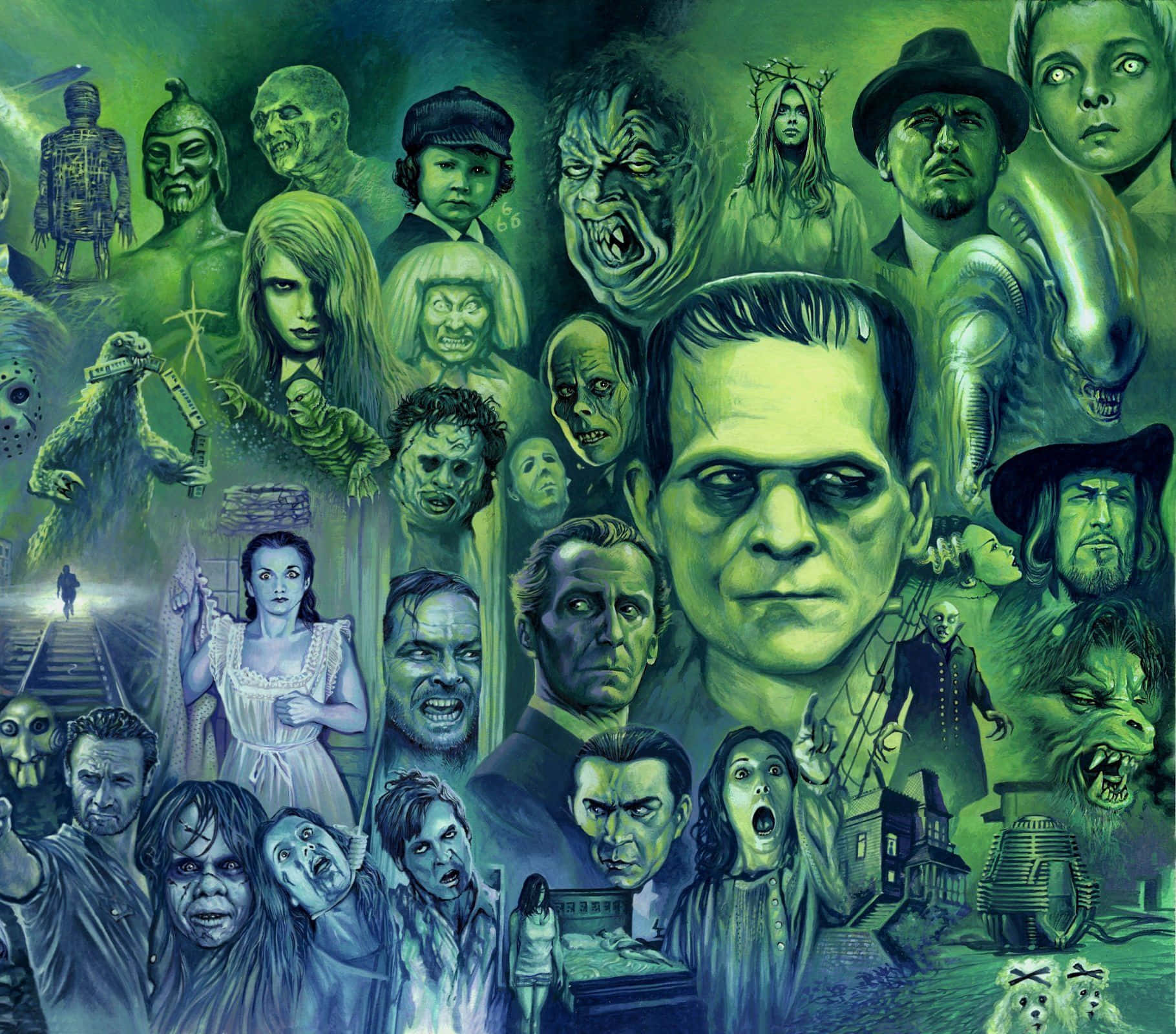 Horror Icons 桌布 壁紙 — 一幅令人毛骨悚然的拼貼畫，描繪了標誌性的恐怖電影怪物和反派，沐浴在詭異的綠色和藍色燈光中。