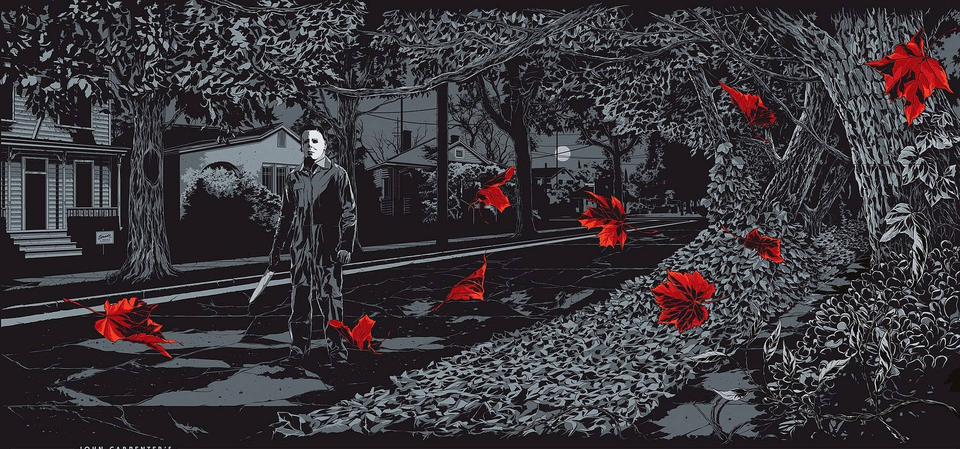 Halloween Kills 桌布 壁紙 — 一幅令人毛骨悚然的插圖，Michael Myers 站在黑暗的郊區街道上，周圍散落著鮮紅的楓葉。
