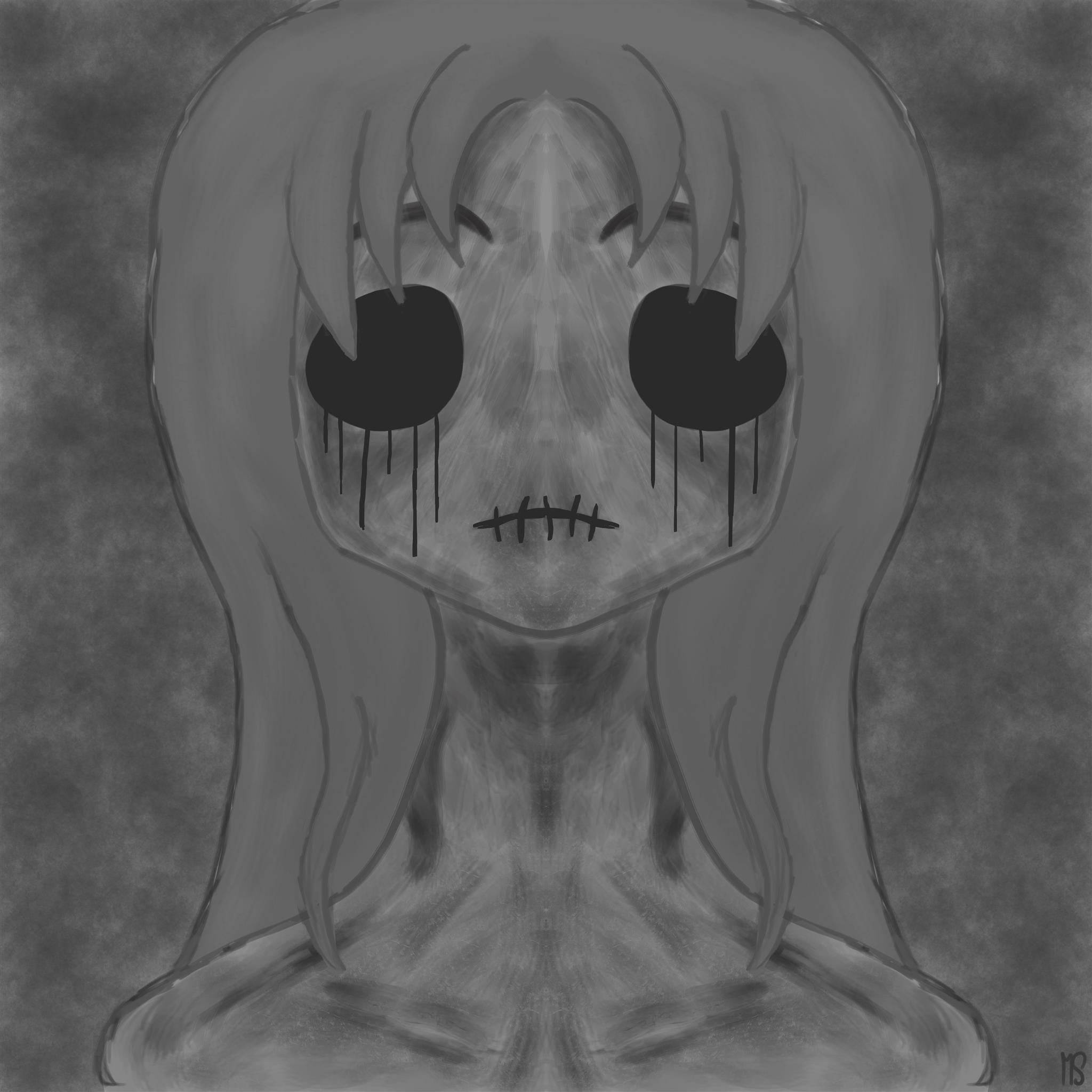 Dark Girly 桌布 壁紙 — 一幅令人毛骨悚然的灰階插圖，描繪了一個縫合面孔、空洞眼睛、在煙霧背景中滴落淚水的角色。
