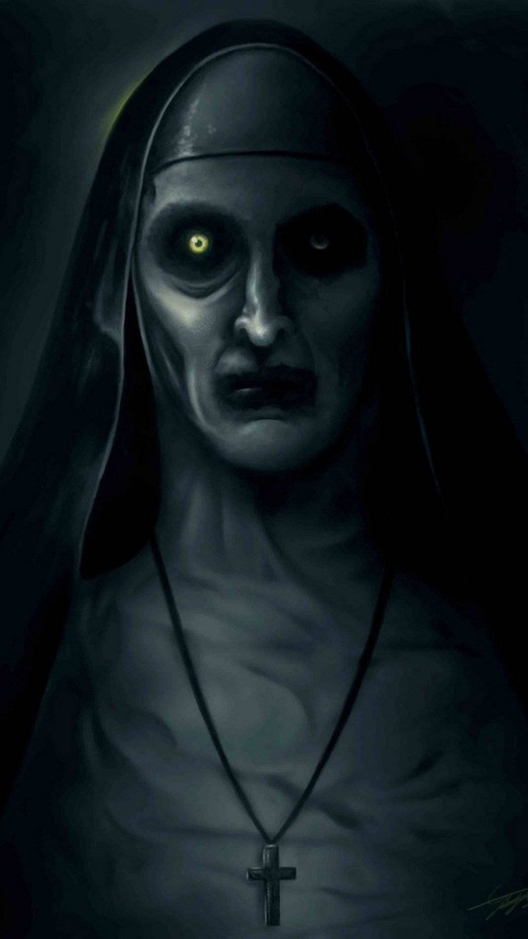 Insidious 桌布 壁紙 — 一幅令人毛骨悚然的肖像，描繪一位蒼白的修女，有一隻發光的黃色眼睛，戴著深色頭巾，背景陰暗。