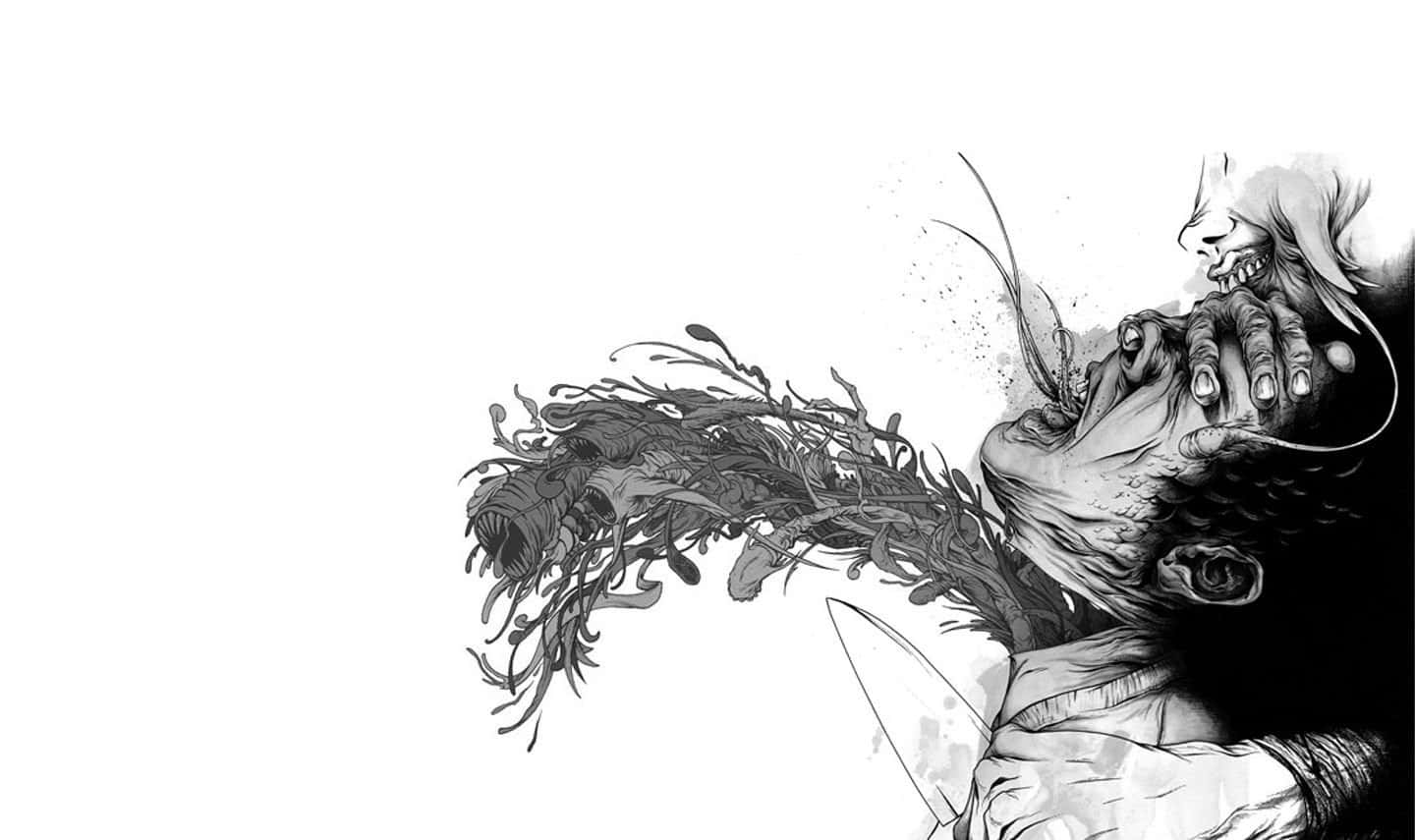 Art Drawing 桌布 壁紙 — 一幅令人毛骨悚然的黑白插圖，描繪一個男人尖叫時，怪誕的有機觸手從他口中噴出。