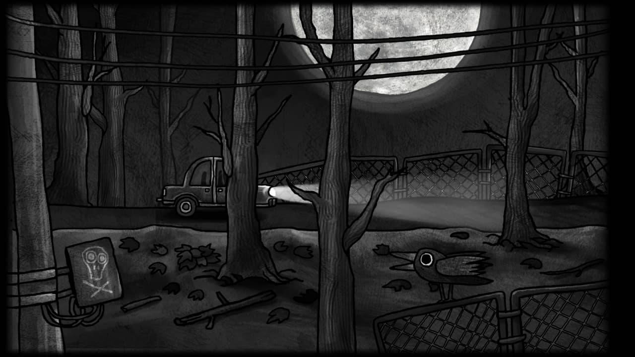 Monster House 桌布 壁紙 — 一幅令人毛骨悚然的黑白插圖，描繪一輛皮卡車停泊在滿月下的鬼森林中，旁邊有烏鴉和墓碑。