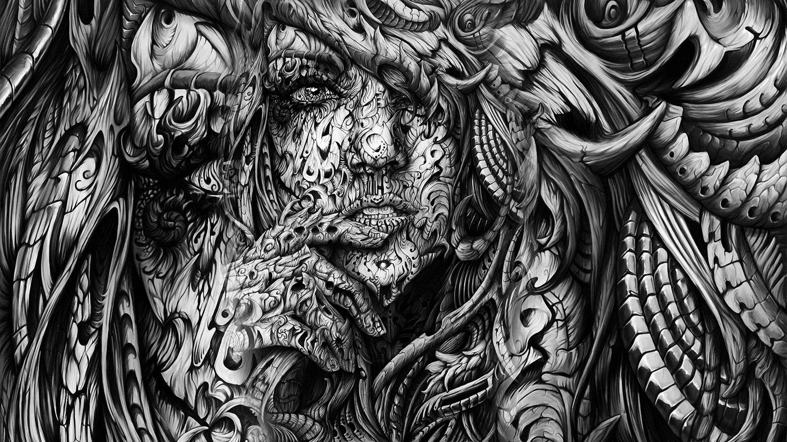 黑白藝術 桌布 壁紙 — 一幅令人毛骨悚然的黑白插圖，描繪了一個帶有複雜漩渦圖案和生物力學紋理的怪誕面孔。