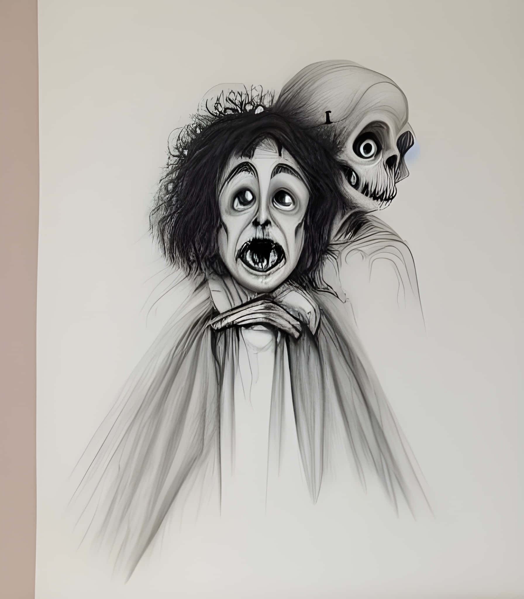 骷髏動圖 桌布 壁紙 — 一幅令人毛骨悚然的黑白插圖，描繪一個尖叫的人物，背後浮現骷髏面孔，以細緻的鉛筆筆觸呈現。