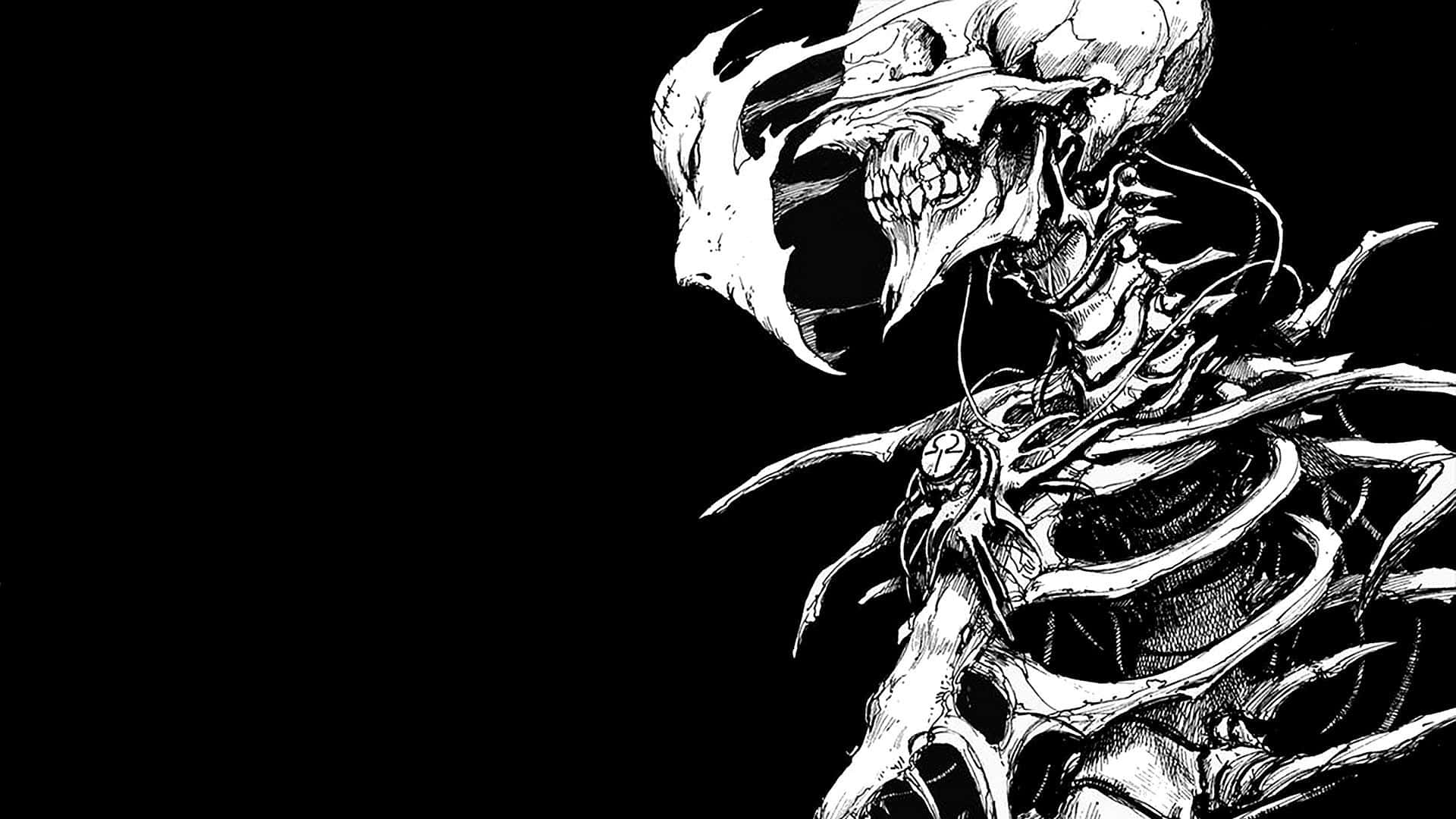 Halloween Skeleton 桌布 壁紙 — 一幅令人毛骨悚然的黑白插圖，描繪了一個長著尖銳角和暴露肋骨的可怕骷髏生物，背景是虛無的。