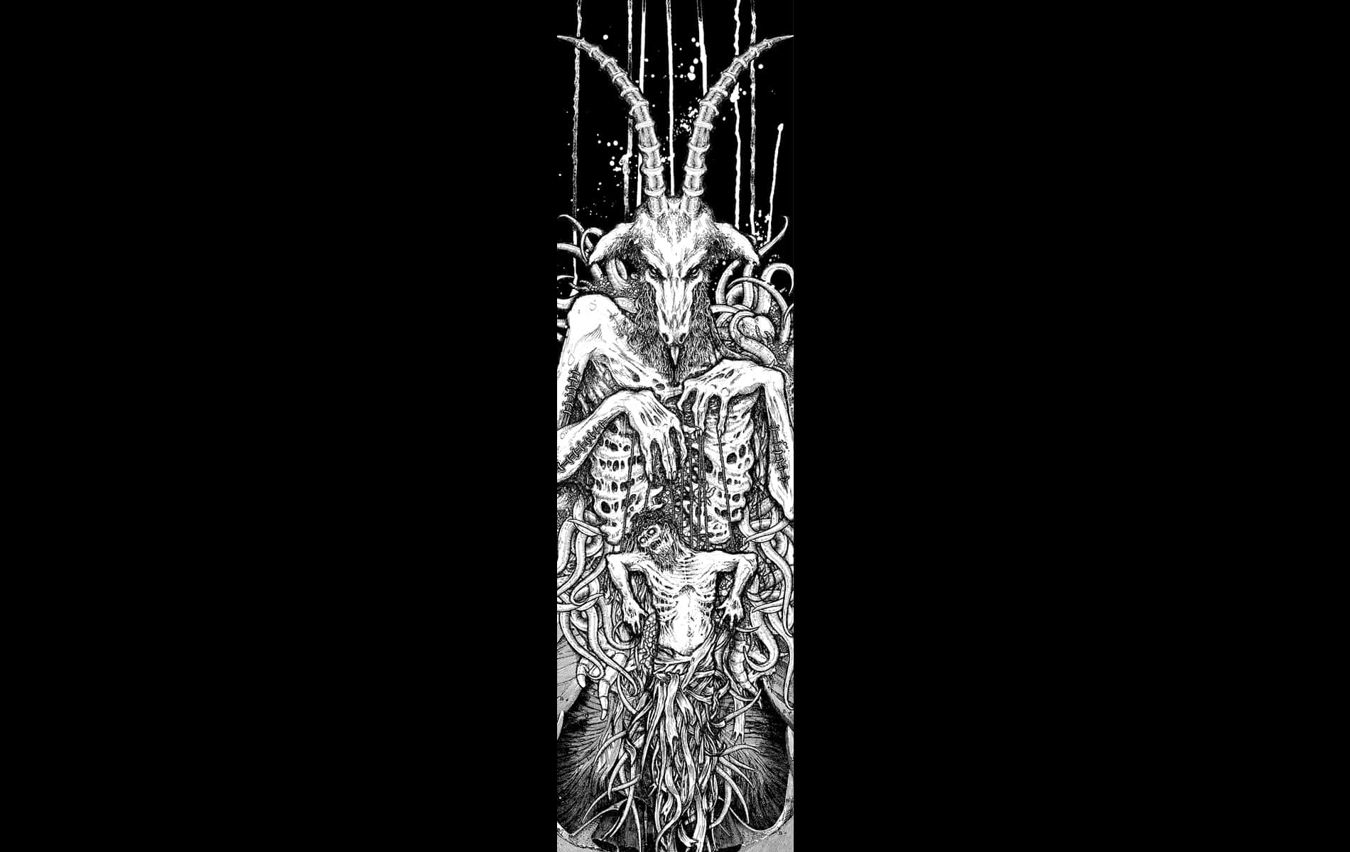 Occult 桌布 壁紙 — 一幅令人毛骨悚然的黑白插圖，描繪一個有角、骷髏狀、帶觸手的實體，在黑暗虛空中吞噬一個人形。