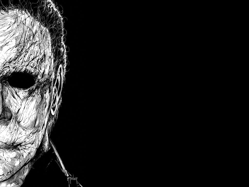 Aesthetic Creepy Halloween 桌布 壁紙 — 一幅令人毛骨悚然的黑白插圖，描繪了 Michael Myers 標誌性的面具臉孔，與虛無般的黑色背景形成強烈對比。