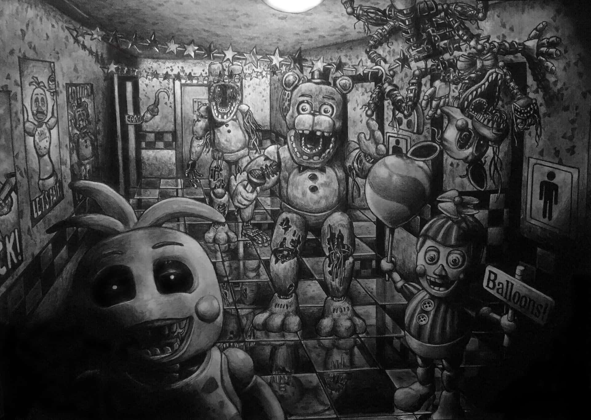 佛萊迪餐館之五夜驚魂 桌布 壁紙 — 一幅令人毛骨悚然的黑白畫，描繪了在破舊兒童遊戲室中的電子動畫角色，地板是棋盤格，並有星星裝飾。