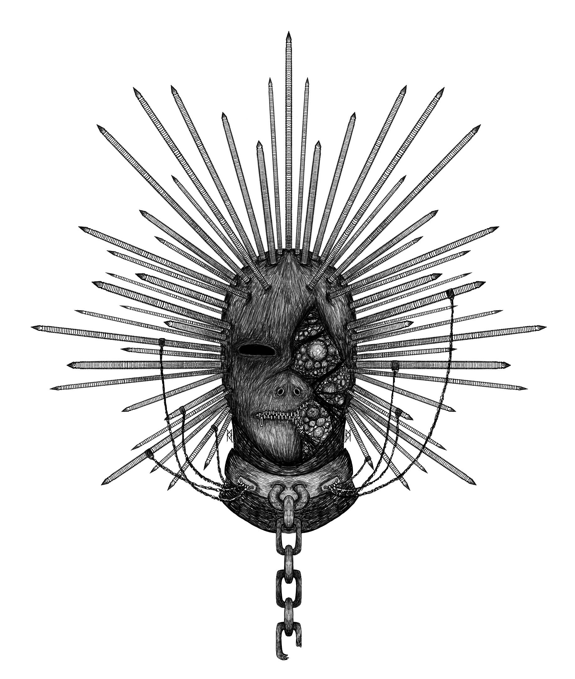 craig jones 桌布 壁紙 — 一幅令人毛骨悚然的黑白線條畫，描繪了一個帶有尖刺的面具，下巴懸掛著鎖鏈。