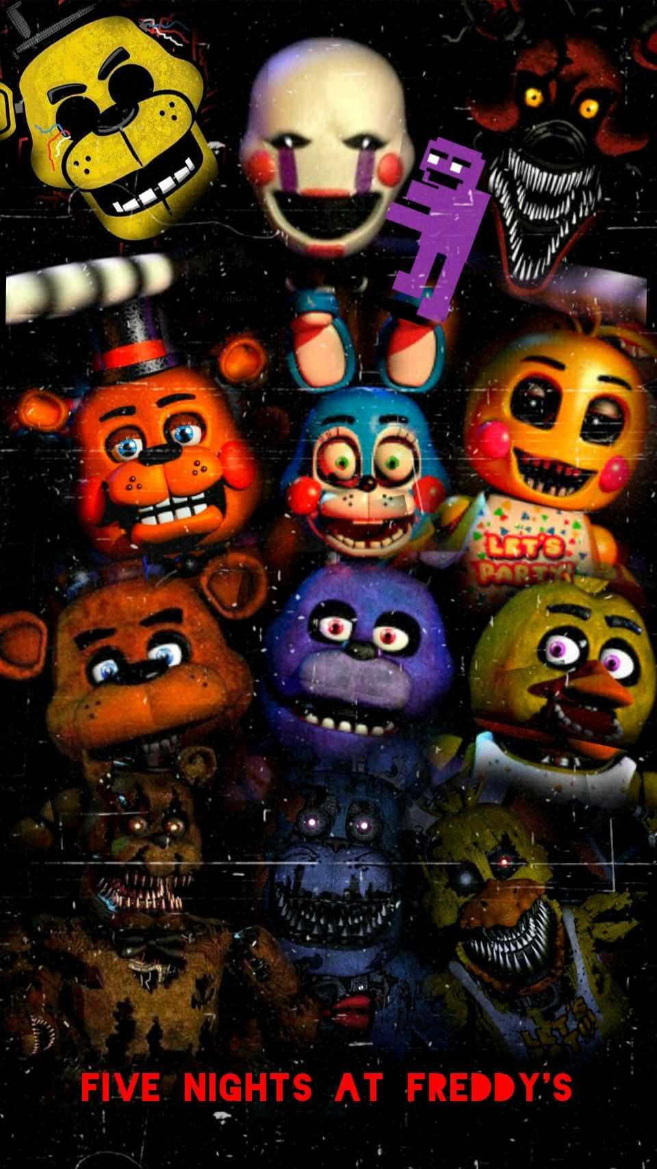 Freddy Fazbear和其他電子動畫角色在陰暗的故障場景中露出可怕的表情。 — 佛萊迪餐館之五夜驚魂 GIF 壁紙