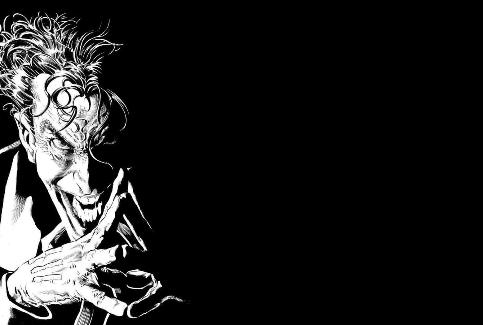 Black And White Comic 桌布 壁紙 — 一幅令人畏懼的黑白插圖，描繪一個咧嘴笑、有刺青、頭髮狂野的男人，雙手伸出，背景是 stark 黑色。
