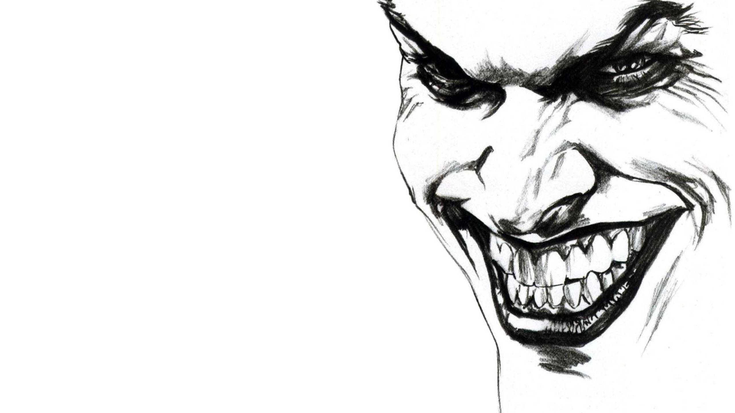 Joker Drawing 桌布 壁紙 — 一幅令人畏懼的黑白素描，描繪一個咧嘴而笑、擁有尖牙和銳利眼神的小丑。