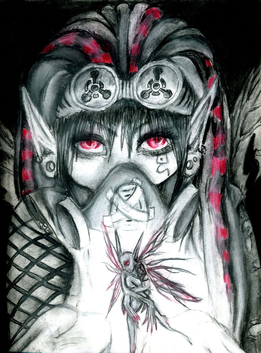 sketch 桌布 壁紙 — 一幅令人難忘的動漫風格畫作，描繪一個蒼白的精靈，擁有發光的紅色眼睛和防毒面具，抱著一隻紅色翅膀的小生物。
