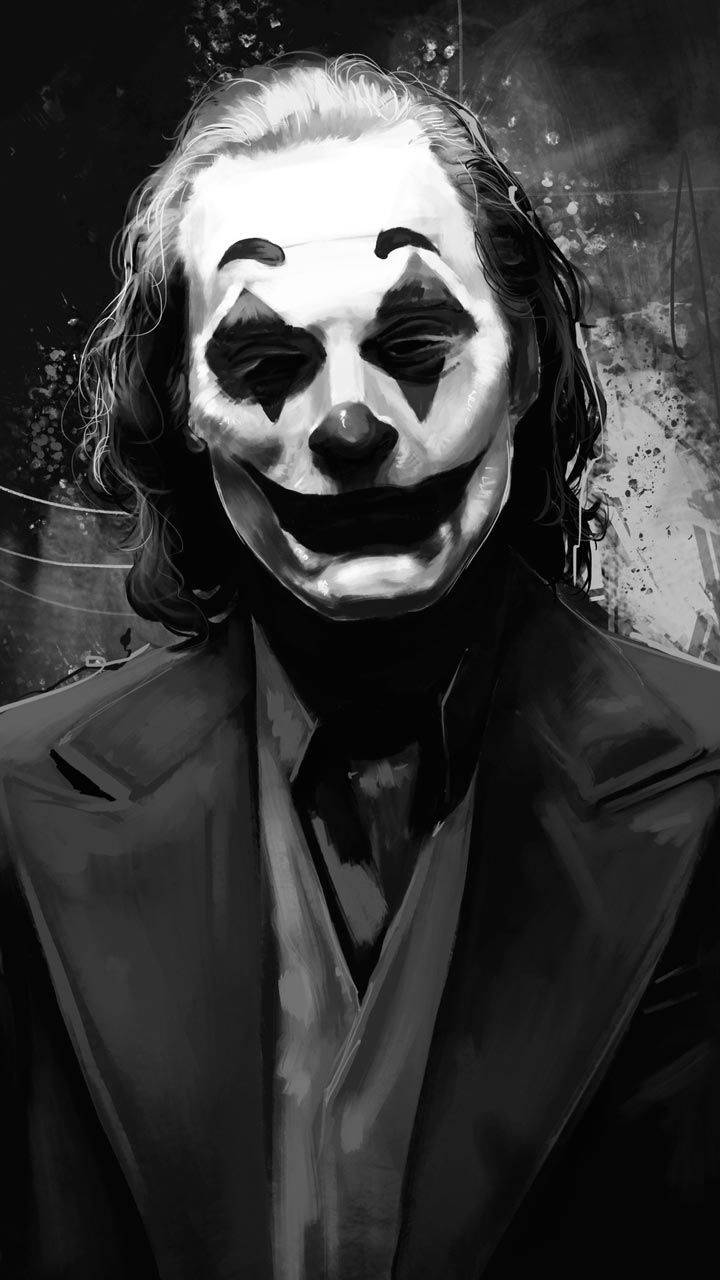 Black And White Joker 桌布 壁紙 — 一幅令人難忘的小丑黑白肖像，妝容模糊，頭髮凌亂，背景粗糙有紋理。
