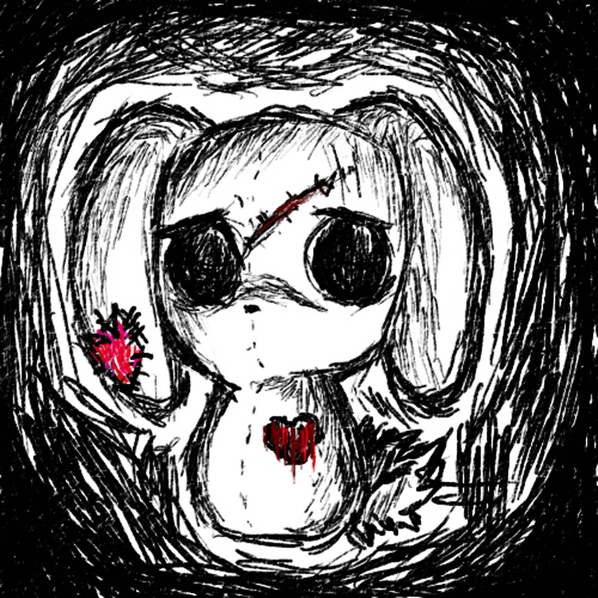 emo 頭像 桌布 壁紙 — 一幅令人難忘的手繪插圖，描繪一個眼睛睜大、臉頰和臉上帶有血跡的女孩。