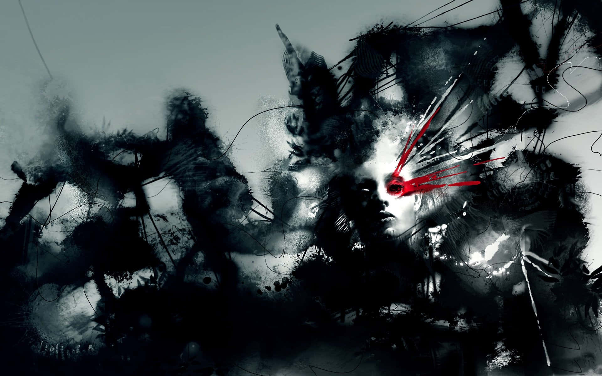 Dark Digital Art 桌布 壁紙 — 一幅令人難忘的抽象肖像，幽靈般的面孔從深色墨水飛濺和尖銳的紅色時鐘指針中浮現。