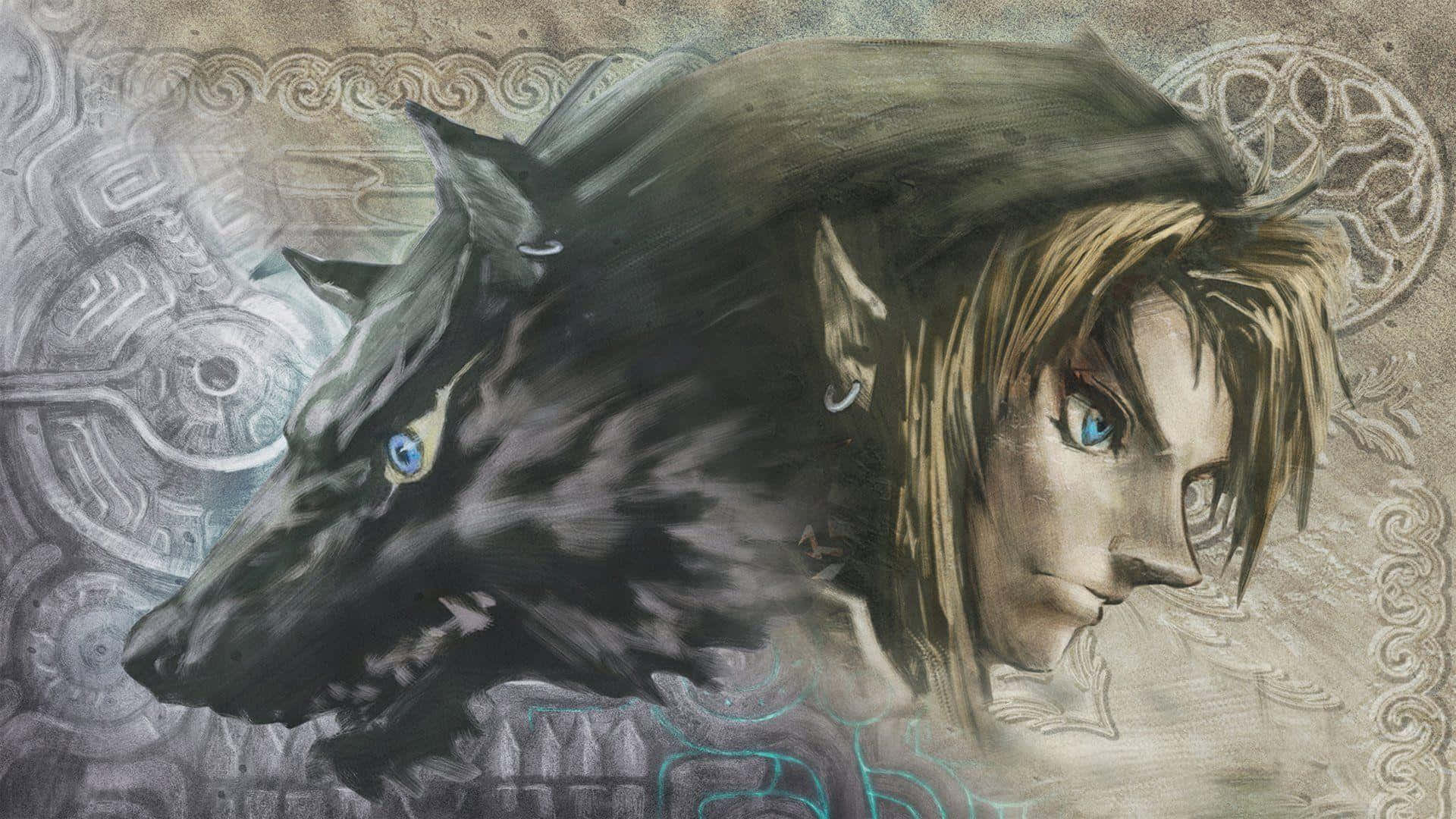 Legend Of Zelda Twilight Princess 桌布 壁紙 — 一幅令人難忘的插圖，描繪一位年輕戰士和一隻擁有發光藍眼睛的黑狼，背景是古老的圖案。