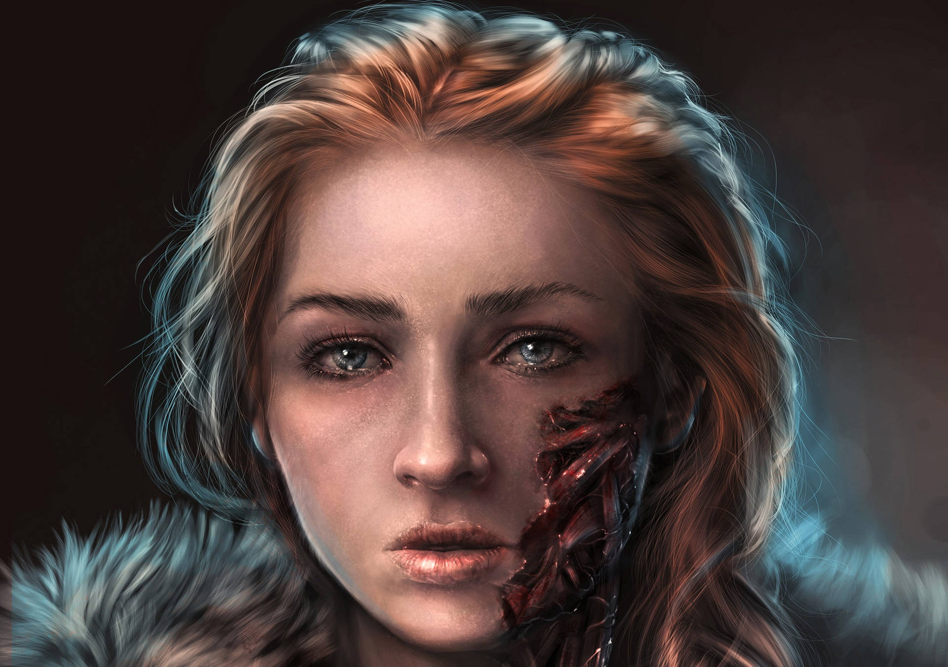 Sansa Stark 桌布 壁紙 — 一幅令人難忘的數位肖像畫，描繪一名女性半邊臉被怪誕地撕開，露出血肉，背景陰暗沉鬱。