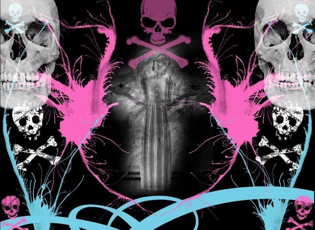 Pink Skull 桌布 壁紙 — 一幅令人難忘的數位藝術作品，以黑色背景為襯，中央有一個幽靈般的人物，周圍環繞著鮮豔的粉紅色和青色飛濺、骷髏頭和交叉骨。