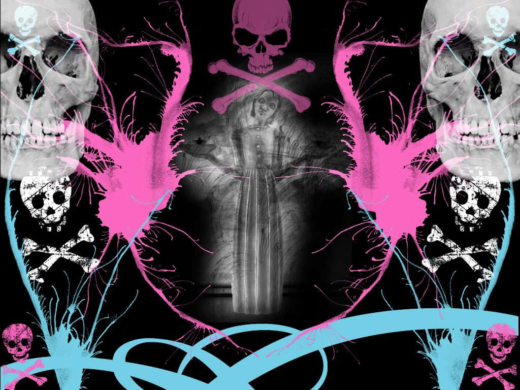 Girly Skull 桌布 壁紙 — 一幅令人難忘的數位藝術作品，以黑色背景襯托，呈現一個幽靈般的人物，周圍環繞著鮮豔的粉紅色和青色潑濺以及骷髏頭。