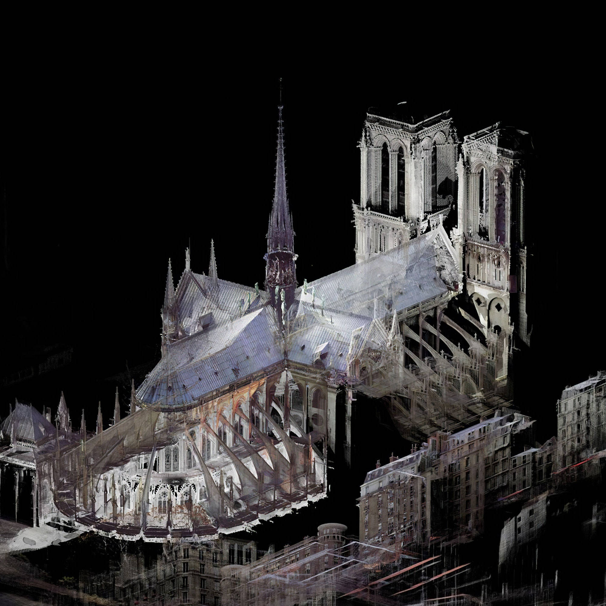 Notre Dame 桌布 壁紙 — 一幅令人難忘的數位藝術作品，描繪夜晚的巴黎聖母院，屋頂部分坍塌，暴露的骨架結構在黑色天空下發光。