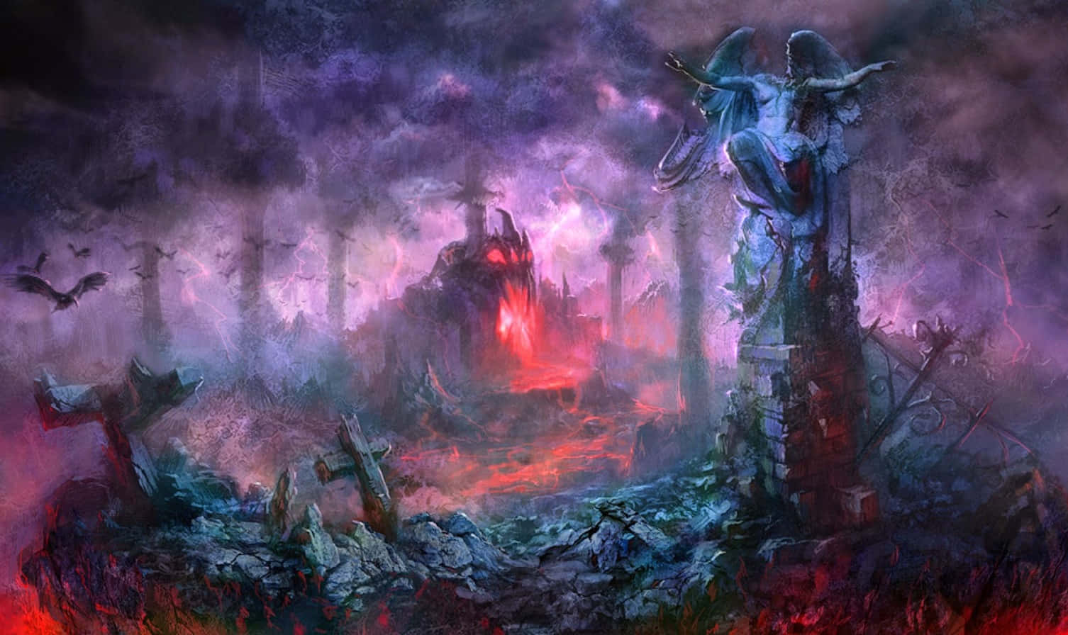 Demon Realm 桌布 壁紙 — 一幅令人難忘的數位藝術作品，描繪了一座破碎的天使雕像俯瞰著一個熾熱的地獄景觀，有發光的紅色熔岩和黑暗的暴風雲。