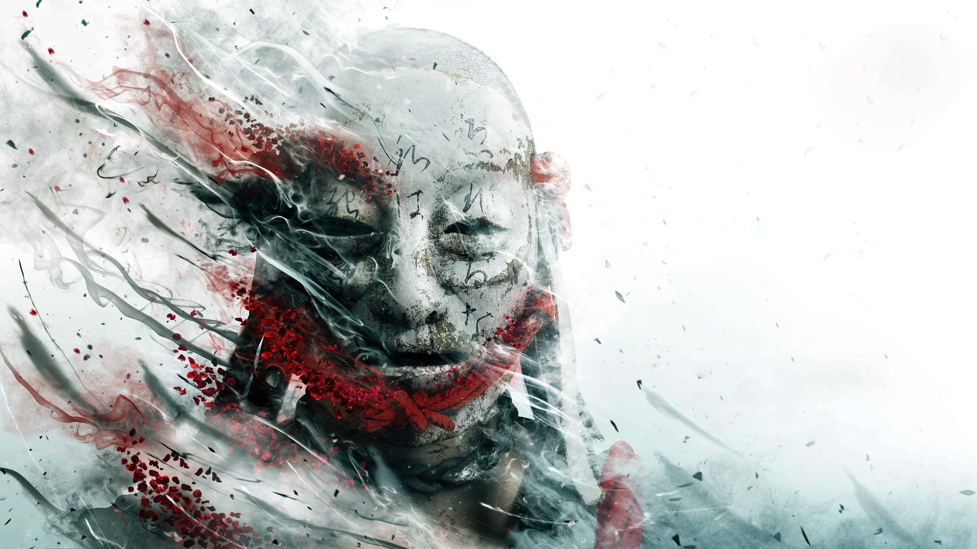 For Honor 桌布 壁紙 — 一幅令人難忘的數位藝術肖像，一張臉從旋轉的紅色和灰色墨水狀飛濺中浮現，背景是純白色。