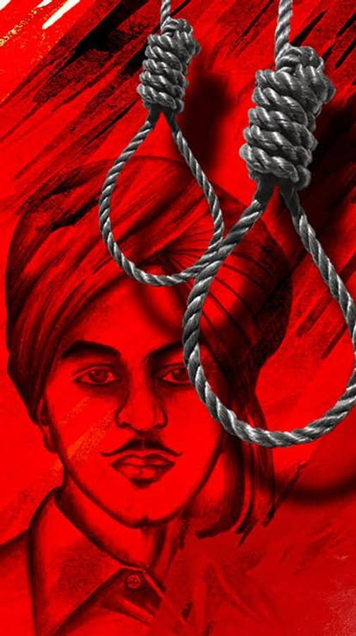 Shaheed Bhagat Singh 桌布 壁紙 — 一幅令人難忘的數位藝術肖像，描繪一名男子在鮮紅色背景前掛著兩個絞索。